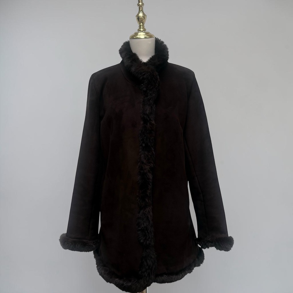 Dana Buchman Faux Suede Coat L Brown Genuine Fur Trim Winter Jacket Luxe Elegant - Picture 2 of 15
